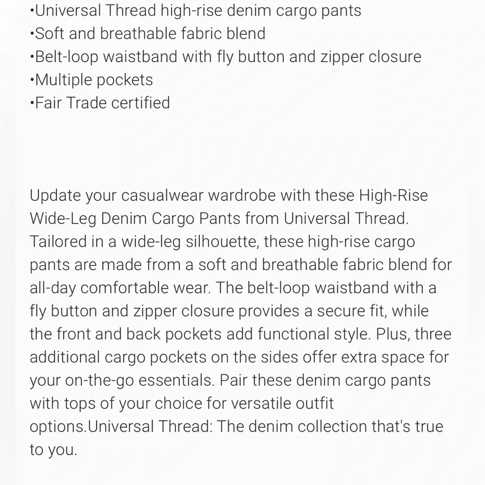 Universal Thread Women's High-Rise
Wide Leg Denim Jeans Cargo Pants
Streetwear - Picture 4 of 5